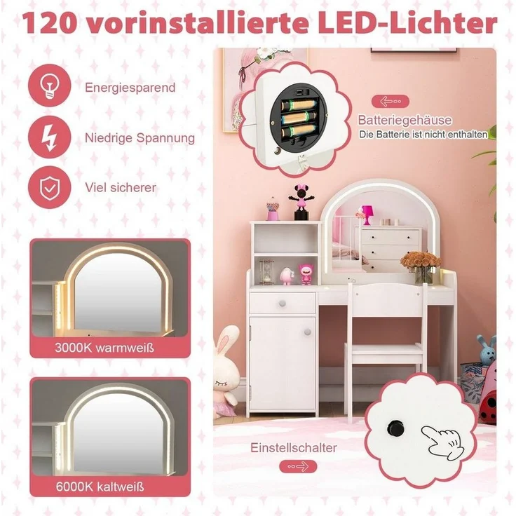 COSTWAY Schminktisch Kidner, mit Stuhl & LED Spiegel & Schublade, ab 3 Jahre – Bild 2
