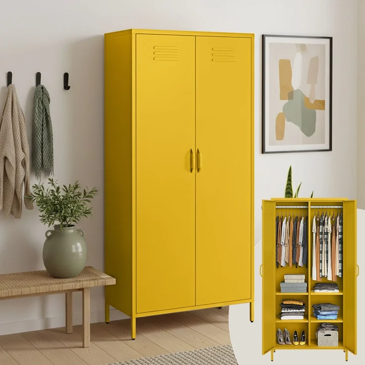 skølm 'Atria' Kleiderschrank, Metall, 170x45x80 cm, senfgelb, Garderobe mit 4 Fächern und 2 Kleiderstangen – Bild 1