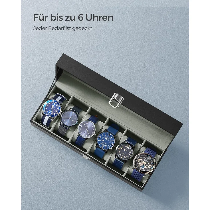 Songmics Uhrenbox für 6 Uhren, Uhrenkasten mit Glasdeckel, Uhrenkissen aus Samt, Uhrenkoffer mit Schloss, 11,2 x 30 x 8 cm, Geschenkidee, PU-Bezug in Schwarz, Samtfutter in Grau JWB06BK – Bild 5