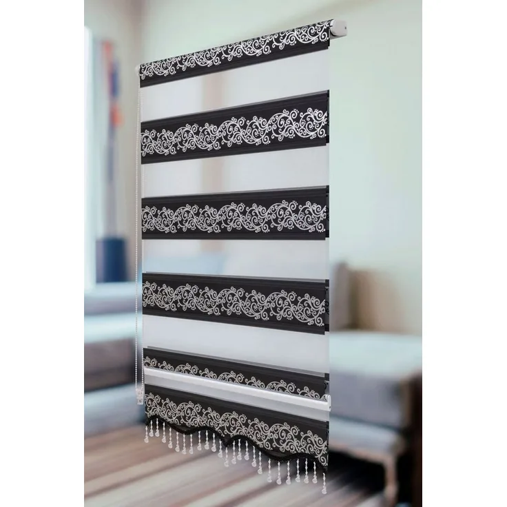 Doppelrollo Doppelrollo Klemmfix ohne Bohren schwarz Silber Rankenmuster Perlen, Plisseeonline, Klemmfix