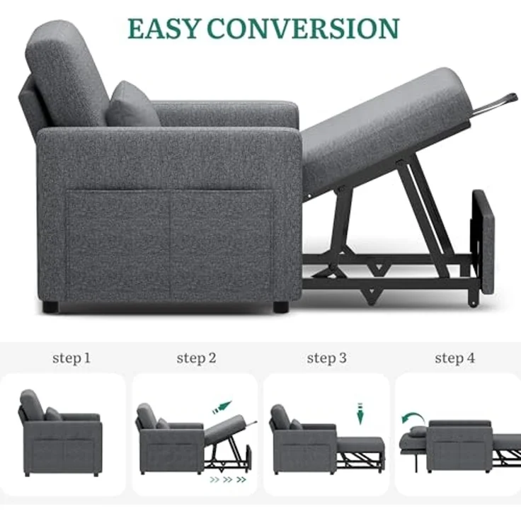 YITAHOME Schlafsessel mit Bettfunktion 192×88 cm, 3-in-1 Ausziehbares Schlafsofa, Verstellbares Einzelsessel mit Kissen und Seitentasche, Sofa mit Schlaffunktion für Wohnzimmer Wohnung, Hellgrau – Bild 5