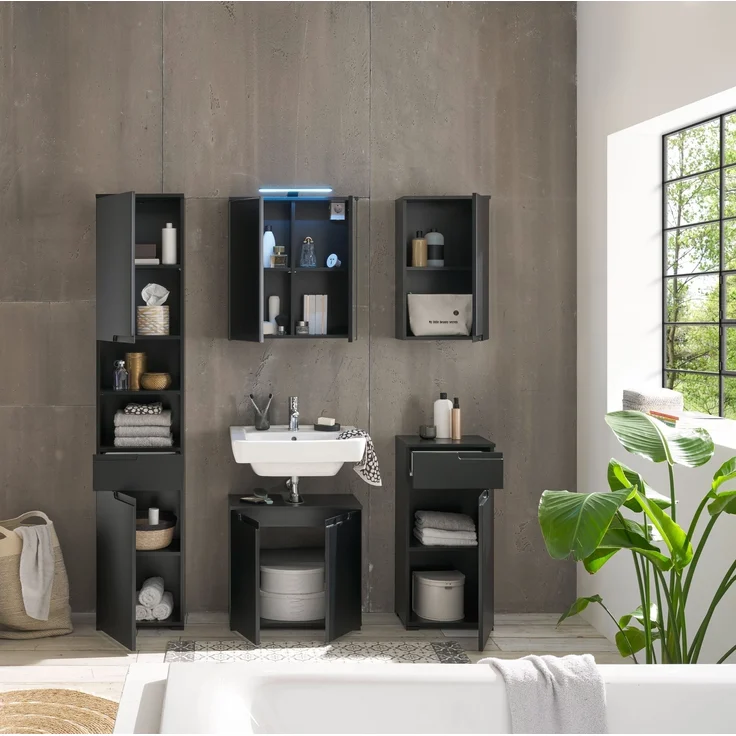 Badezimmer-Set "Spice" schwarz matt (5tlg.) mit Hochschrank, Waschbeckenunterschrank, Spiegelschrank, Kommode und Hängeschrank - 170 x 191 x 32 cm (B/H/T) – Bild 3