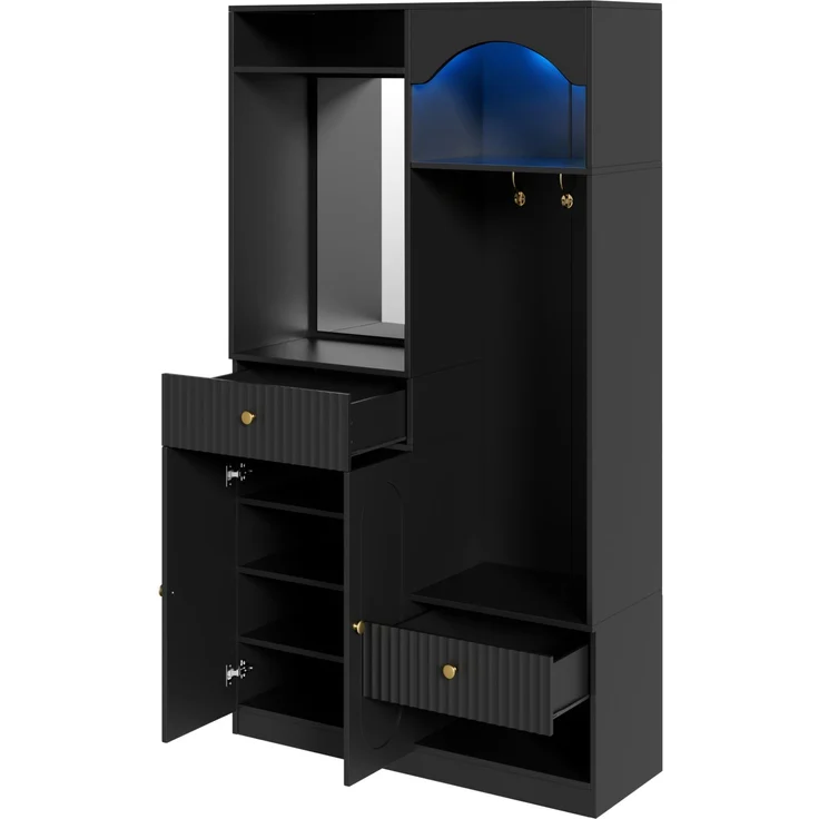 DESVIAE Garderobenschrank mit LED-Beleuchtung und Spiegel 100x180x35 cm MDF Schwarz – Bild 8