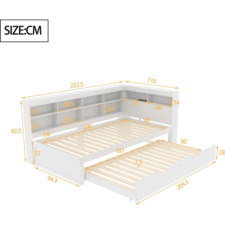 Schlafsofa 90*200, Ausziehbares Bett 90*190 mit USB-Steckdose und mehreren Ablagefächern, Massivholzbett, Einzelbett, Holz-Multifunktionsbett, Weiß. – Bild 4
