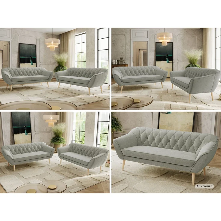 Wohnzimmerset Möbelset PIRS 3-3, Armlehnen, Wellenfederung, Buche Füße, Dreisitzer Sofa, Polstermöbel Set - Hellgrau Stukture – Bild 2