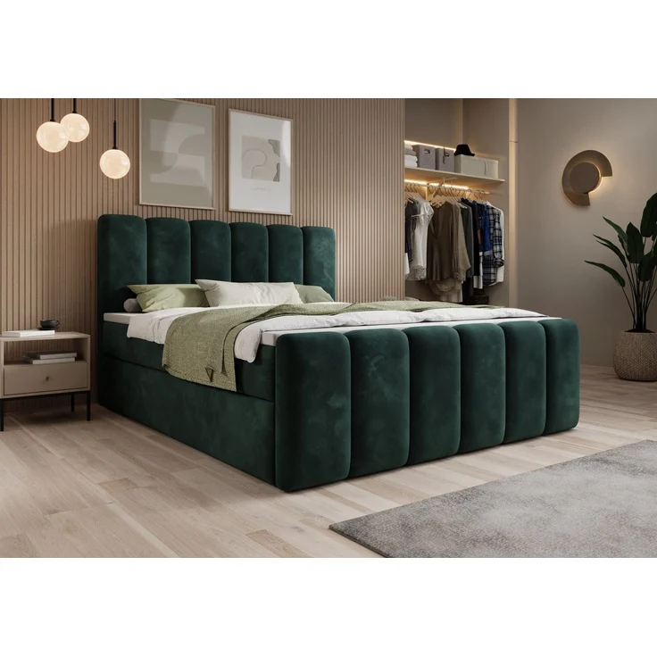 thematys Boxbett mit Bettkasten 200x200cm, mit Bonnellfederkernmatratze H3, Bouclé/Velours, mit Stauraum, mit 3 cm Topper, Dunkelgrün (Velluto 10) – Bild 1