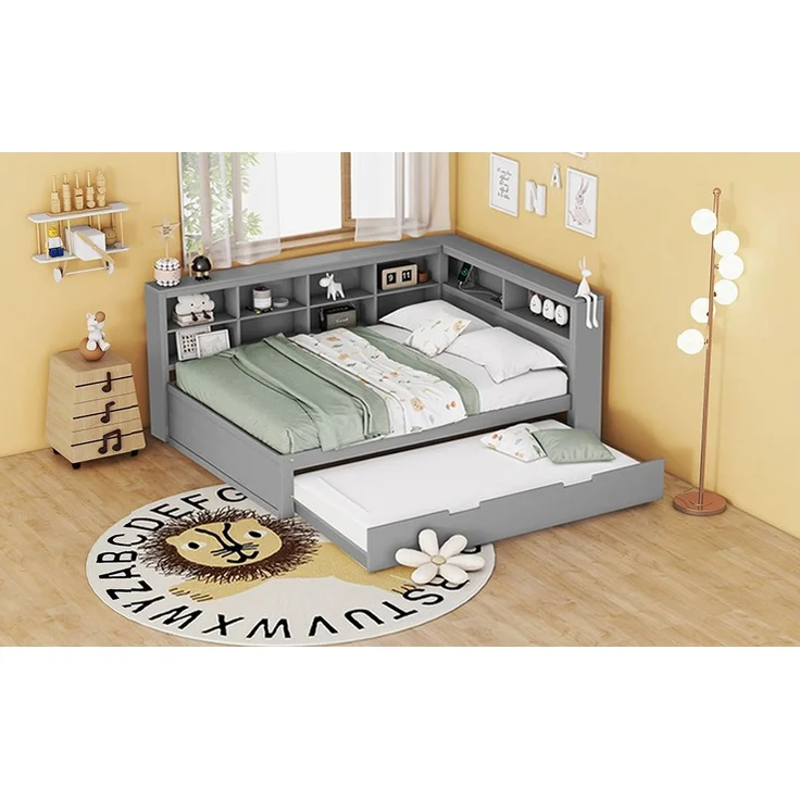 Multifunktionales Schlafsofa Grau 140x200 Mit Ausziehbett USB Ladesteckdose Stauraum Massivkiefer Doppelbett Gästebett Wohnzimmer Kompakt – Bild 3
