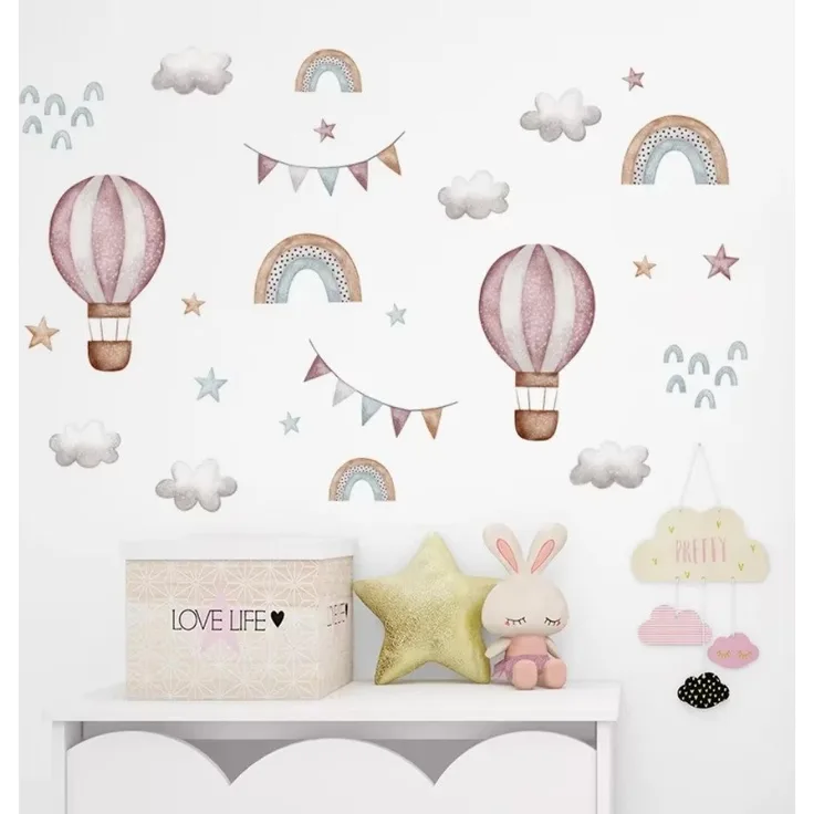 Montegoni Wandsticker Aquarell Rosa ballon & Regenbogen Wandaufkleber – Dekorative Wolken, geeignet für Kinderzimmer, Babyzimmer, Wohnraum Dekoaufkleber