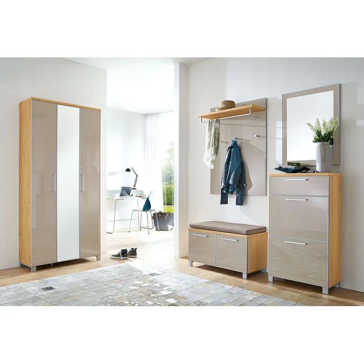 Dielenschrank Salerno / Santina, Glas, Holzwerkstoff, Beige, Holzfarben, Verspiegelt, 90 x 193 x 37 cm – Bild 2