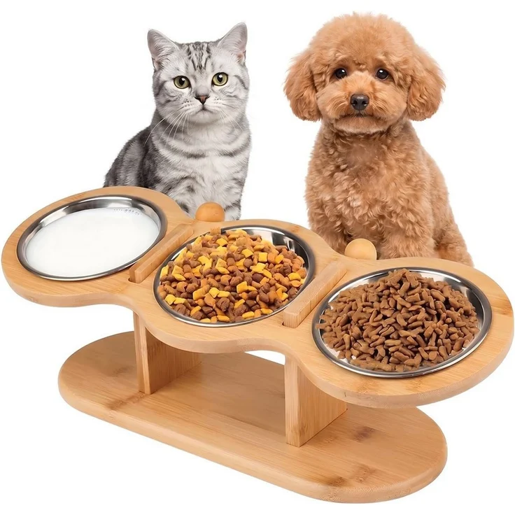 SURFOU Napf-Set Katzennäpfe Erhöht Futterstation Katze 15°Gekippte Höhe Verstellbar, Futternapf Erhöht mit 3 Edelstahl Schüsseln für Katzen,Kleine Hunde – Bild 2
