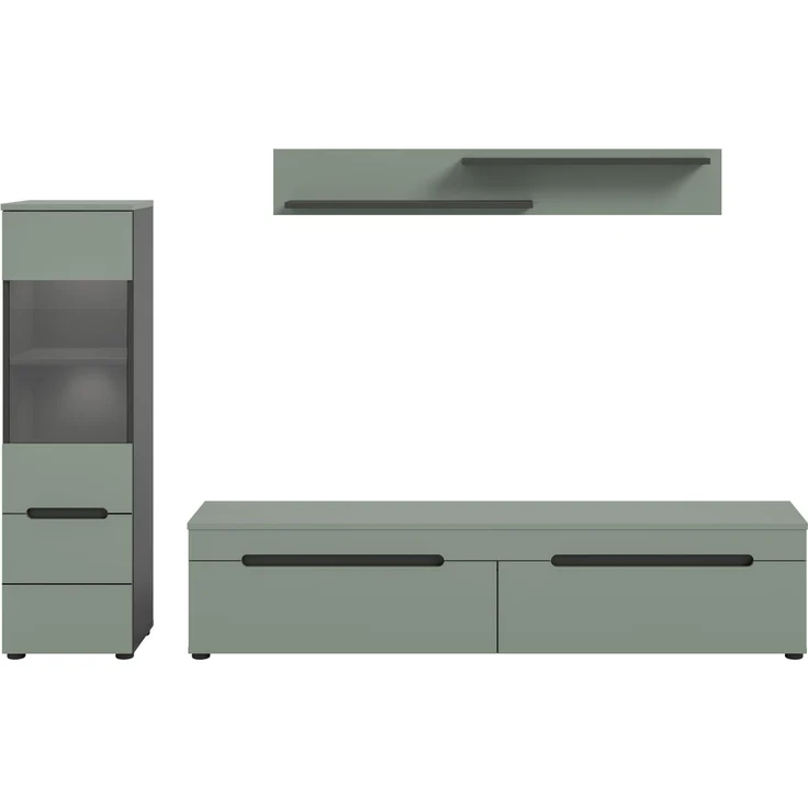 Wohnkombination inkl Beleuchtung (B/H/T: 221x141x33 cm) in Smoke Green Nachbildung – Bild 2