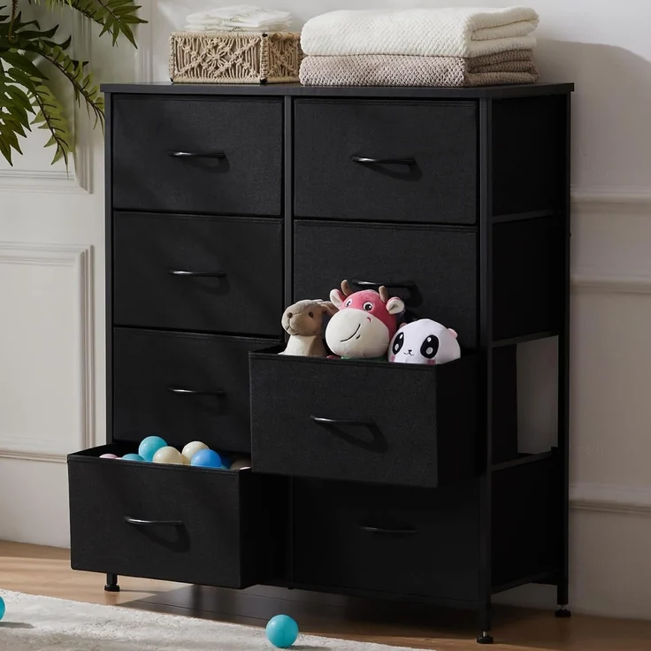 DUMOS Kommode für Schlafzimmer mit 7 Stoffschubladen, hohe Kommode Organizer für Kleidung, Schrank Kinderzimmer, Aufbewahrungsturm mit Schrank, Metallrahmen, Holzplatte, leichte Kinderzimmermöbel – Bild 2