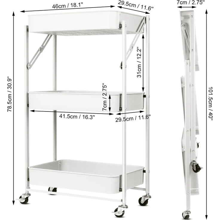 Todeco Klappbarer Rollwagen mit 3 Ebenen, Servierwagen, Küchenwagen aus Metall und Kunststoff, Keine Montage, 46 x 29 x 78 cm, für Bad, Küche (Weiß) – Bild 6