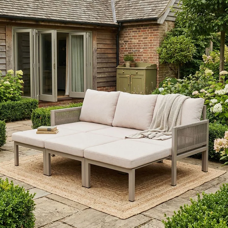 Merax Gartenmöbel-Set, Outdoorsofa, 3-Sitzer-Sofa, Multifunktionales Sofa, lässt sich in einen Liegesessel verwandeln, verzinktes Eisen, Khaki
