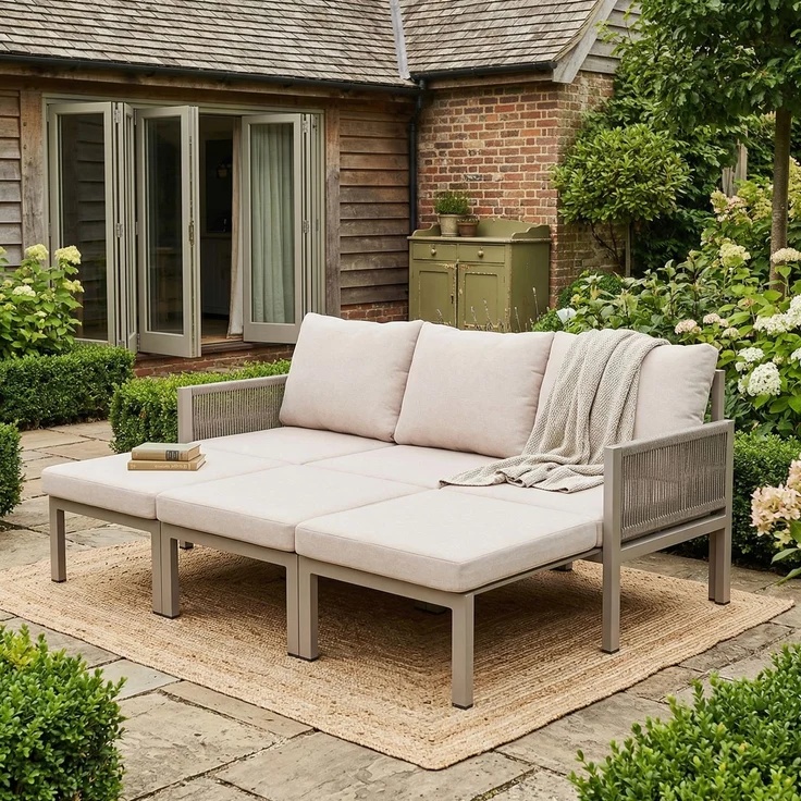 Merax Gartenmöbel-Set, Outdoorsofa, 3-Sitzer-Sofa, Multifunktionales Sofa, lässt sich in einen Liegesessel verwandeln, verzinktes Eisen, Khaki – Bild 1