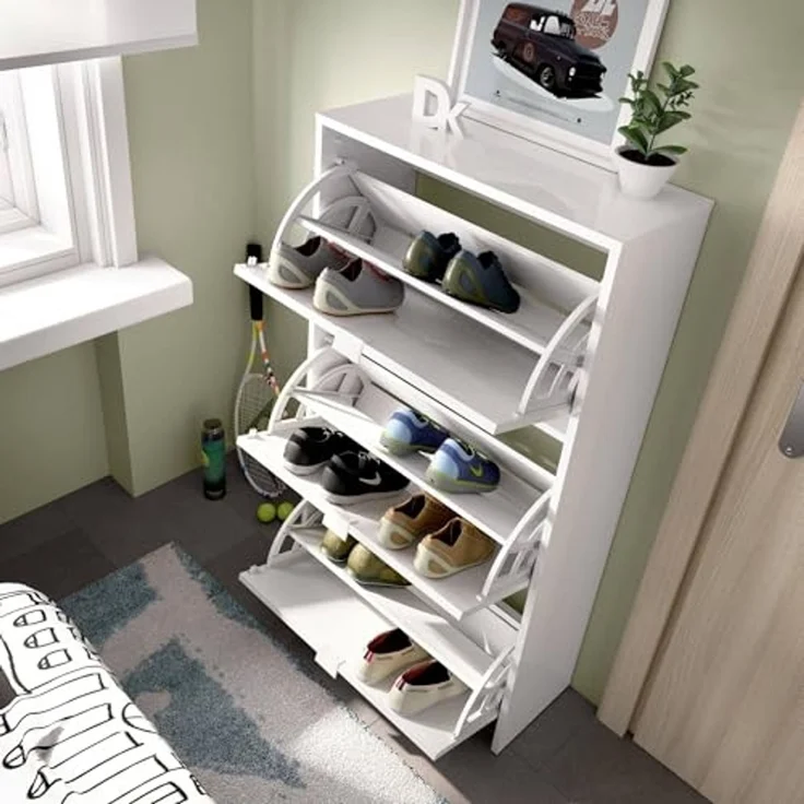 Dmora - Schuhregal Vignole, Platzsparendes Schuhregal für den Eingangsbereich, Schuhschrank mit 3 Klapptüren, 61x25h113 cm, Weiß – Bild 4