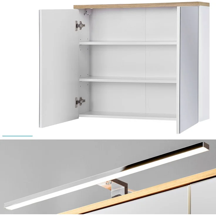 Badezimmermöbel Set mit 80cm Waschtisch & LED-Spiegelschrank SOLNA-56 in Hochglanz weiß, B/H/T ca.: 130/200/46 cm – Bild 6