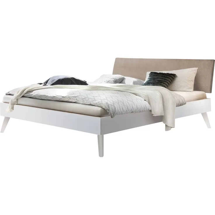 Hasena Polsterbett Pesaro Weiß mit Kopfteil in Pace Sand 120x200 cm, Komforthöhe 25 cm MDF weiss deckend