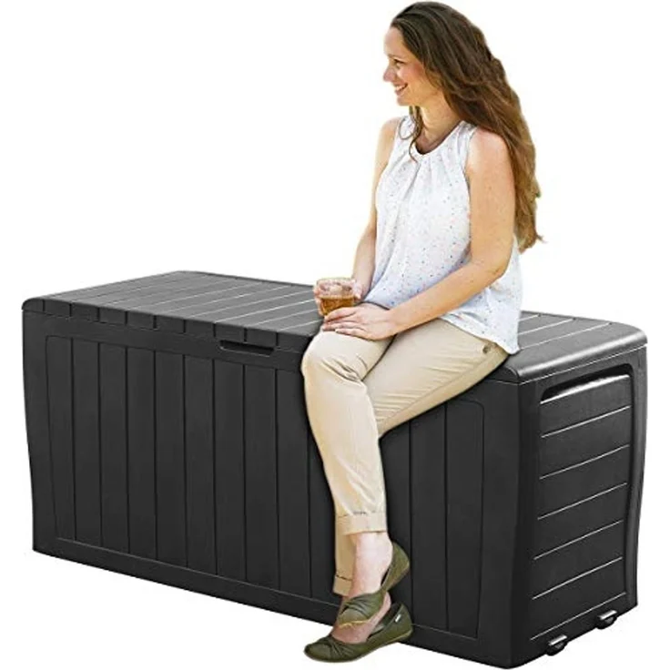 Deuba Auflagenbox, 270L Haltegriffe Rollen Balkon Wohnzimmer Rattan-Optik Anthrazit – Bild 3