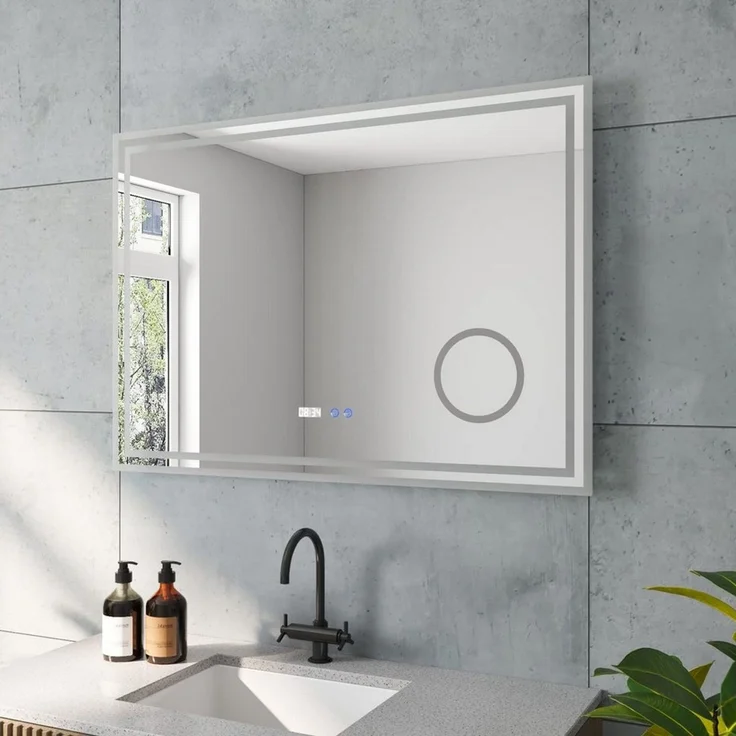 AQUABATOS LED-Lichtspiegel LED Badspiegel Badezimmerspiegel mit Beleuchtung Wandspiegel IP44, Kosmetikspiegel Uhr Touch 3-Fach Vergrößerung Kaltweiß Beschlagfrei – Bild 2