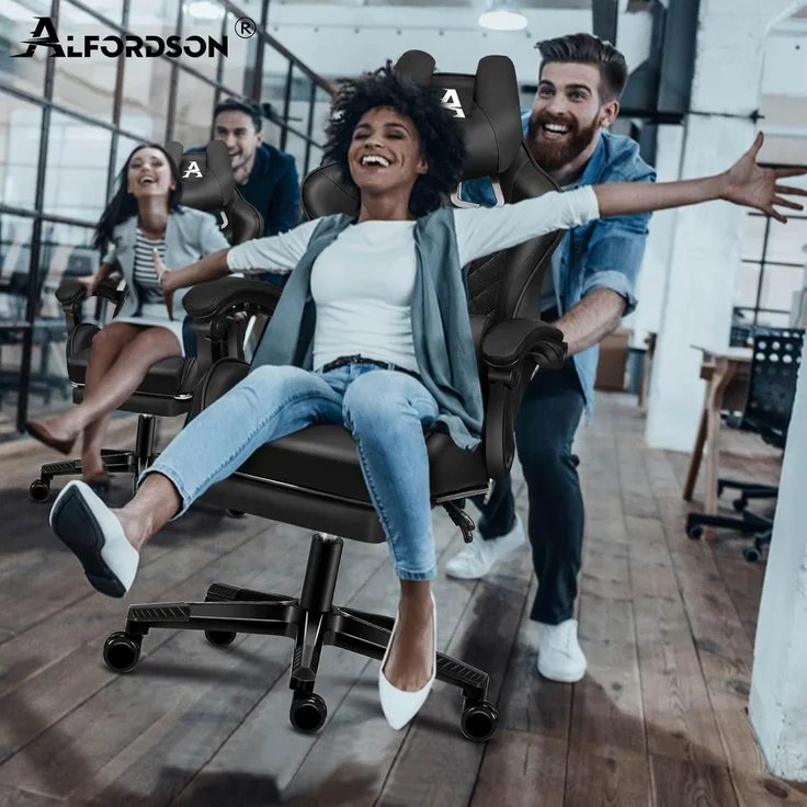 ALFORDSON Gaming-Bürostuhl mit Fußstütze und Lendenkissen, Schwarz Ethan – Bild 2