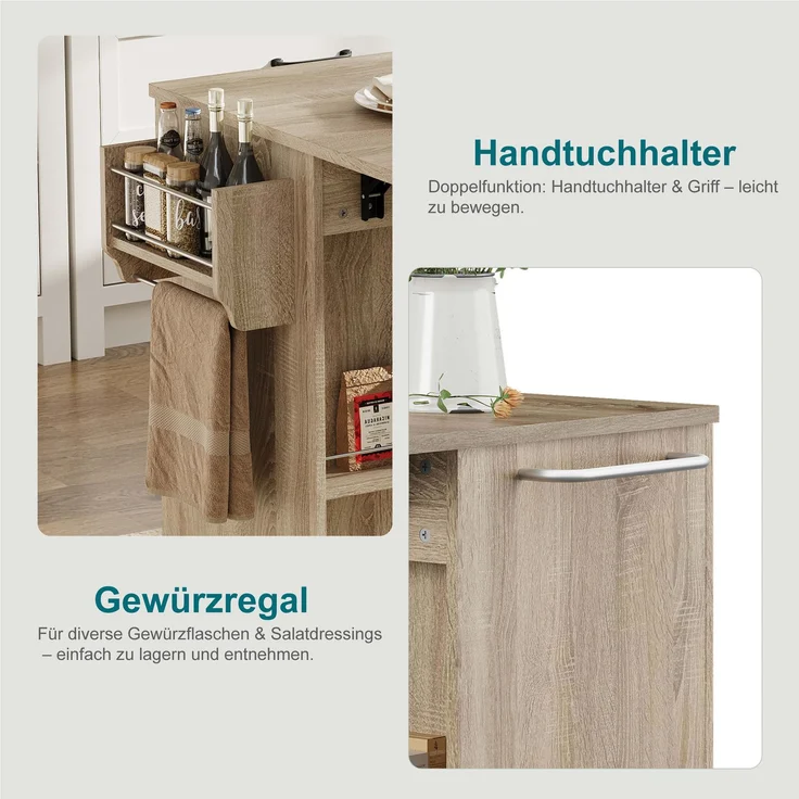 ZUBALIYA Küchenwagen 120 cm Arbeitsplatte – klappbare Arbeitsplatte, Schublade und 2 Schränke, 5 Rollen, 2 mit Bremse, Gewürzregal und Handtuchhalter, MDF, Sonoma-Eiche-Optik – Bild 9
