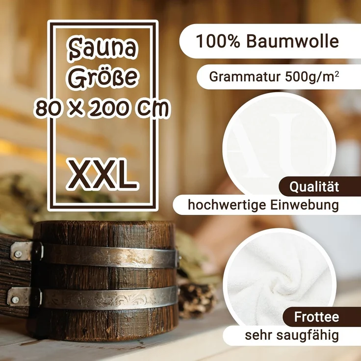 ZOLLNER Saunatuch, 80x200 cm, saugstark, 100% Baumwolle, weiß – Bild 3