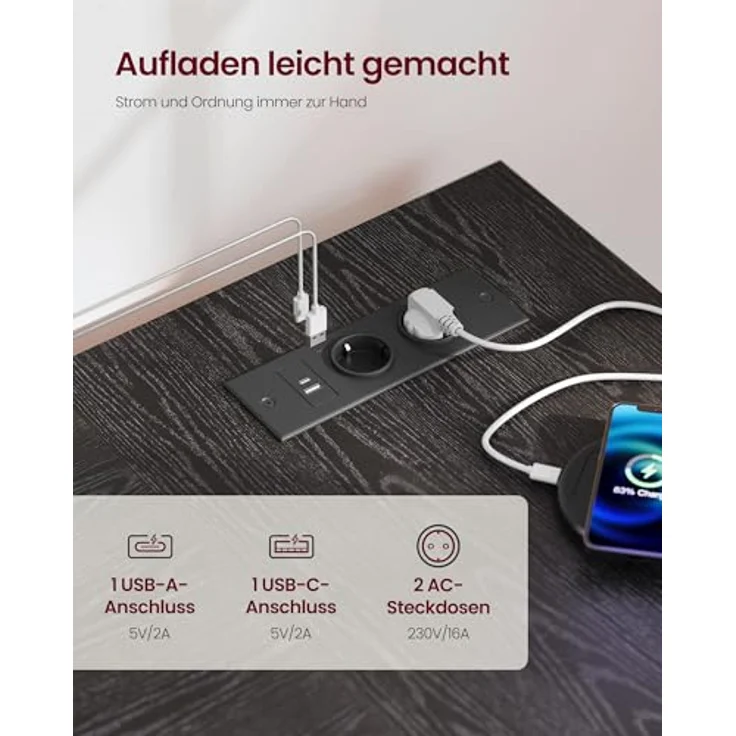 VASAGLE Eckschreibtisch in L-Form, Computertisch mit Stauraum, Bürotisch, höhenverstellbare Ablage, für Homeoffice, mit 2 AC-Steckdosen und 2 USB-Anschlüssen, 120x80 cm, ebenholzschwarz LWD132BE01 – Bild 6