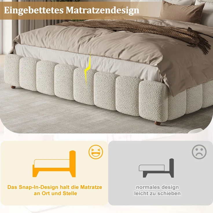 Merax Polsterbett, Doppelbett, 160*200cm, Bett mit Lattenrost und gepolstertes Kopfteil, Beine aus Massivholz, Bouclé, Weiß – Bild 6