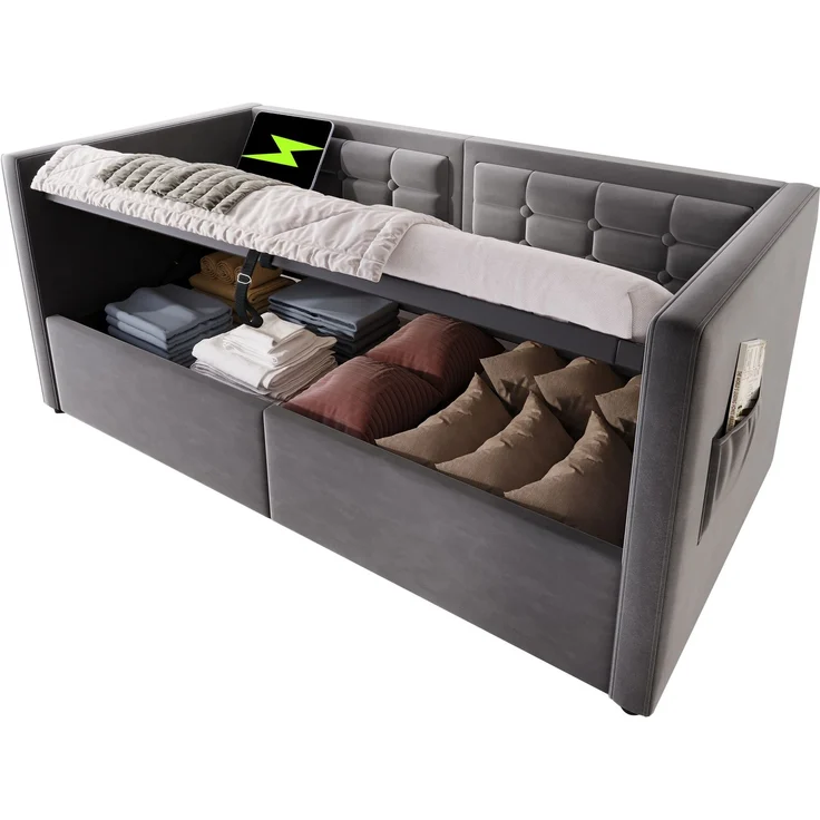 Polstertes Schlafsofa 205×106×75cm,Samt mit hydraulischem Stauraum, USB- & Type‑C‑Ladestation,Grau – Bild 10