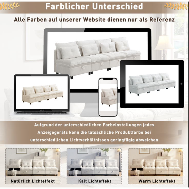 Schlafsofa mit 4 unabhängige Module, als 4-Sitzer, 2 Zweisitzer oder Schlafsofa nutzbar, Wolken-Sitzkomfort, Beige – Bild 6