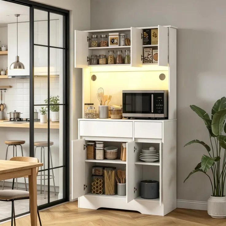 ZUBALIYA Hohes Küchenbuffet mit RGB‑LED‑Beleuchtung / Arbeitsfläche, mit küchenaufbewahrungsmöbel und 6 Türen und 2 Schubladen, 100.00 x 38.00 x 180.00 cm, mit Schubladen, mit LED, Samt, Weiß