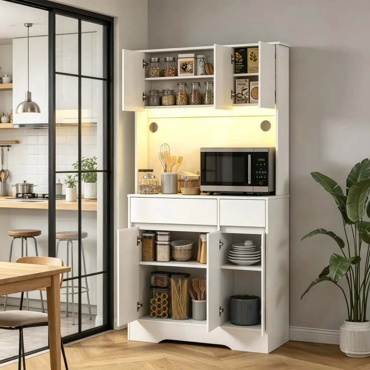 ZUBALIYA Hohes Küchenbuffet mit RGB‑LED‑Beleuchtung / Arbeitsfläche, mit küchenaufbewahrungsmöbel und 6 Türen und 2 Schubladen, 100.00 x 38.00 x 180.00 cm, mit Schubladen, mit LED, Samt, Weiß – Bild 1