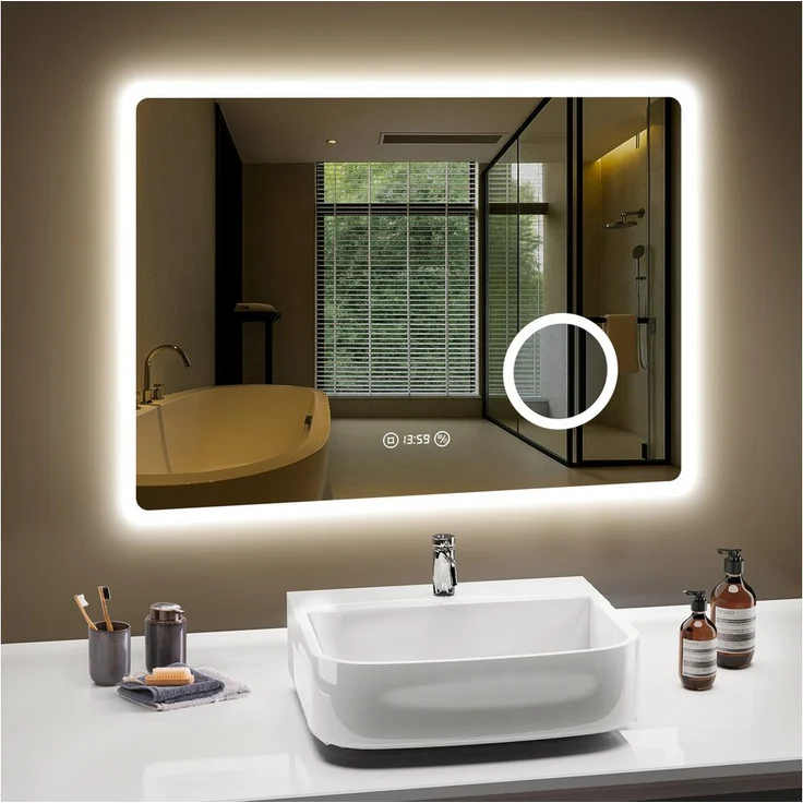 PESENXAN Badspiegel mit Beleuchtung 80 x 60 cm, LED Dimmbar, Nebelfrei, Silber