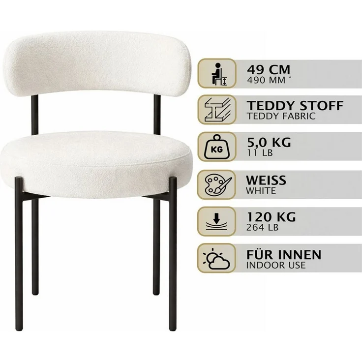 HAGO Esszimmerstuhl 2er Set Küchenstühle Esszimmerstühle Teddy Stoff Rückenlehne rund – Bild 2