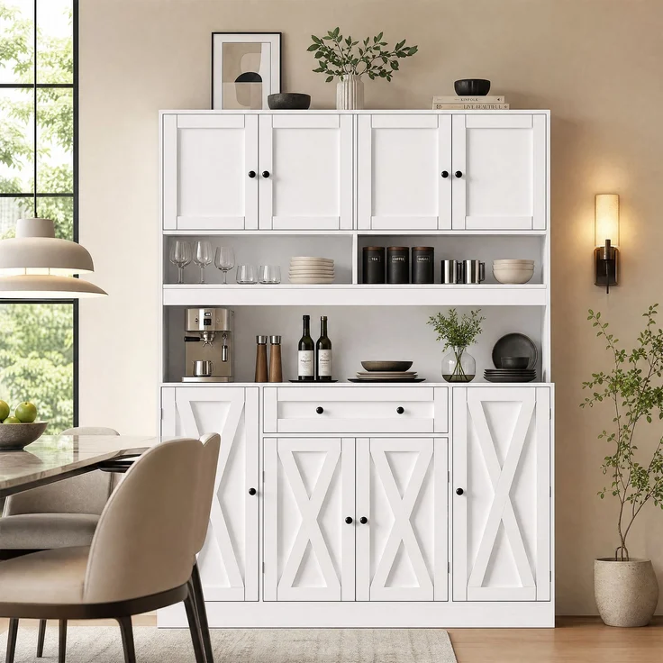 Küchenbuffet 140x40x185 cm, cremeweiß, mit Arbeitsplatte, Stromanschluss und verstellbaren Böden – Bild 3