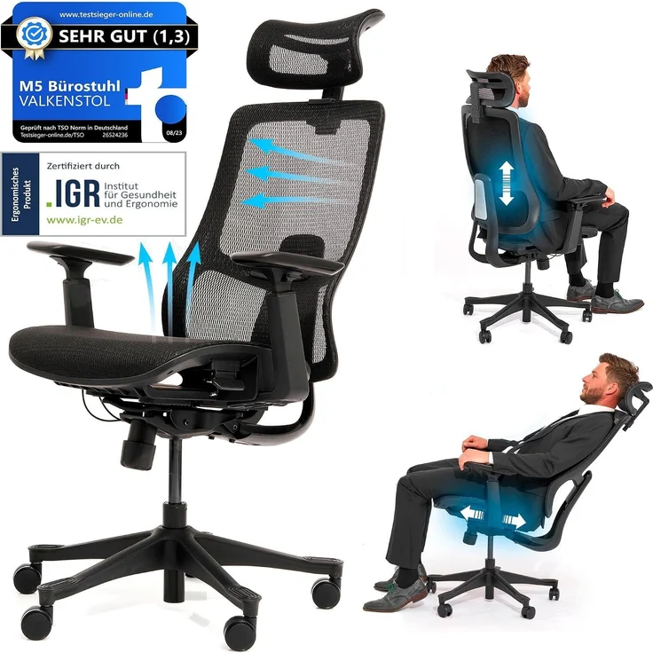 VALKENSTOL M5 MESH-SITZ Bürostuhl ergonomisch mit Mesh Sitz - 5 Jahre Garantie - 3D-Armlehnen - adaptive Lordosenstütze - verstellbare Sitztiefe – Bild 10