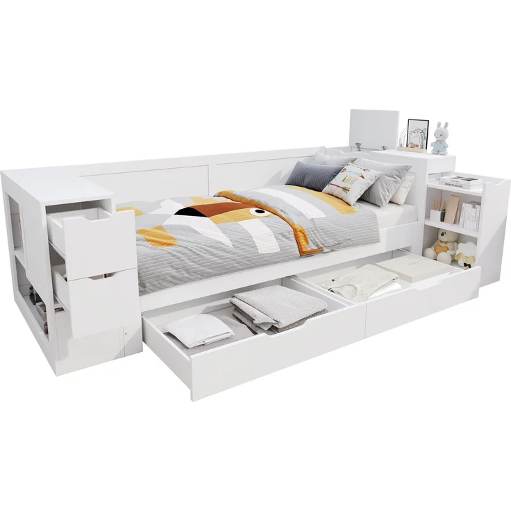 Kinderbett,Daybed, 90 x 200 cm, Einzelbett, multifunktionales Kinderbett mit Schubladen, Regalen und Stauraum, mit nachttisch,mit Stauraum, ohne Matratze, weiß – Bild 10