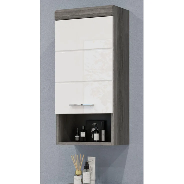 Badezimmer Hängeschrank Shawn in weiß Hochglanz und Rauchsilber grau 37 x 79 cm – Bild 1
