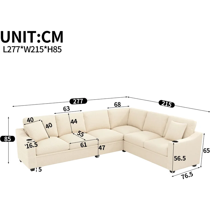 Ecksofa 277x215x85 cm in Beige mit Cordbezug, USB-Anschluss und Getränkehaltern – Bild 4