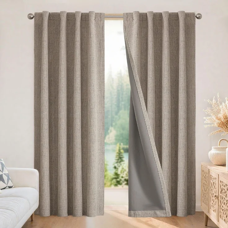 Joydeco Vorhänge aus natürlichem Leinen, 213.4 cm Länge, 2 Paneele, Set, Burg, 100% Verdunkelung, Lange Vorhänge für Schlafzimmer, Wohnzimmer, Fensterbehandlung, Rückenlasche und Stangentasche