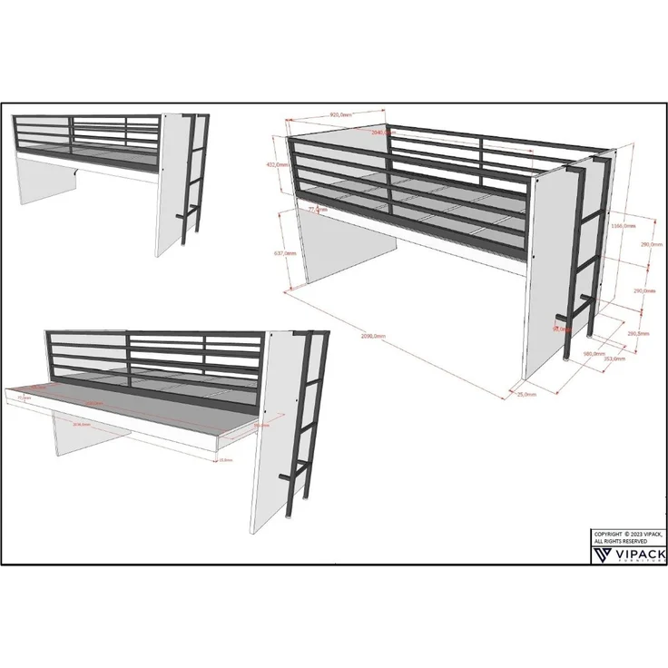 Halbhohes Bett mit Schreibtisch Kommoden Sam 98 x 219 x 116.6 cm – Bild 7