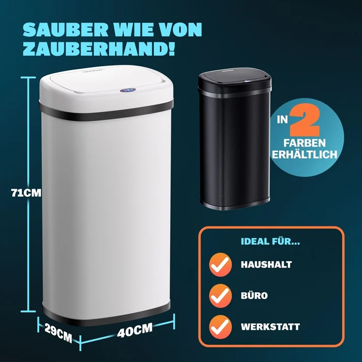 monzana Mülleimer mit Sensor-Automatik und LED Display, berührungslos, Edesltahl, 58 Liter, Weiß – Bild 4