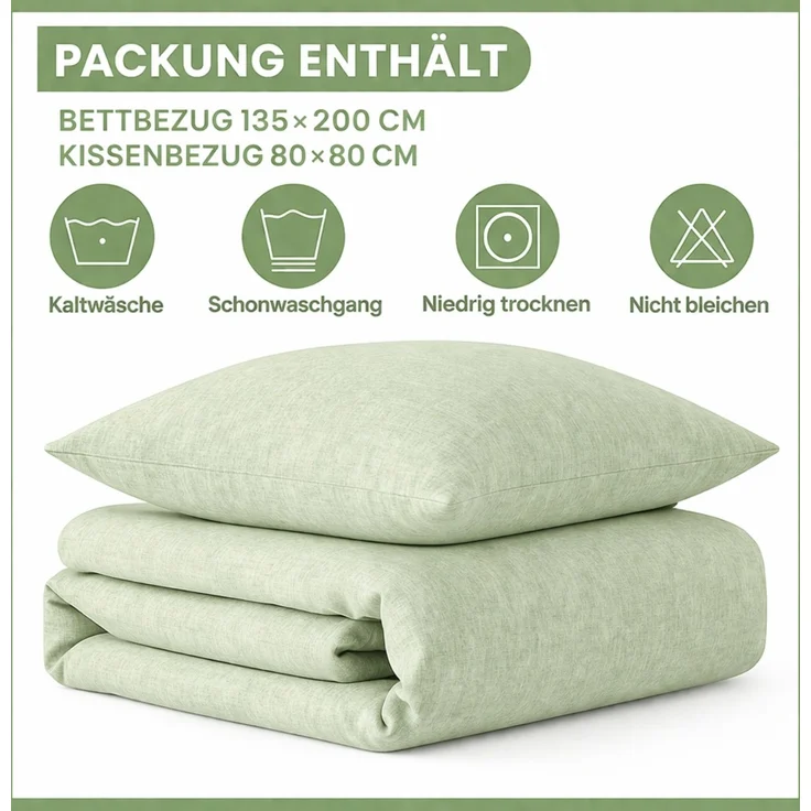 Julido Jersey Bettwäsche 155x220 80x80 Baumwolle Set Druckknopf weich Grün Melange – Bild 3