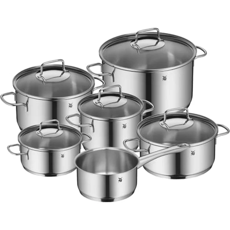 WMF Topf-Set Astoria, Cromargan® Edelstahl Rostfrei 18/10 (Set, 11-tlg, 2x Bratentopf mit Deckel, 3x Kochtopf mit Deckel, 1x Stielkasserolle), 11-teilig, hochglanzpoliert, mit Schüttrand, TransTherm-Allherdboden – Bild 1