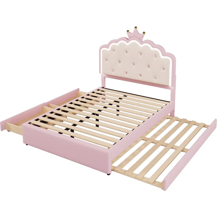 Kinder Prinzessinnenbett Rosa 140x200 cm mit LED Beleuchtung und Ausziehbett Kronenkopfteil Kunstleder Mädchenbett 2 Schubladen – Bild 8