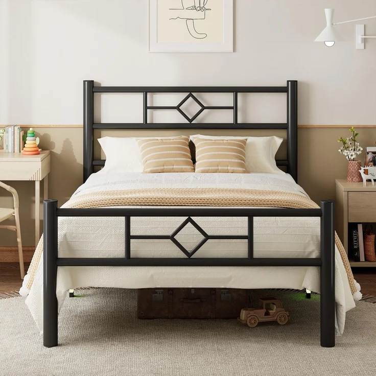 Feonase Einzelbetten mit Kopfteil und Fußteil, Metallbett 90x200 mit Unterbettkasten, Bett 90x200 Massive Metalllamellenstütze, geräuschfrei, Schwarz