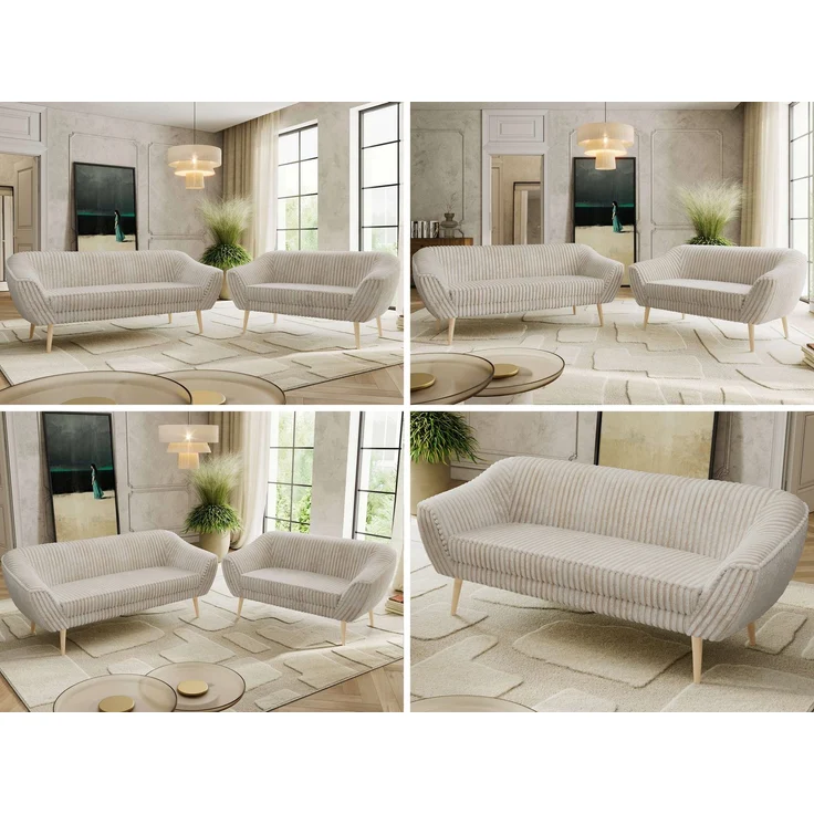 Skandinavisches Sofa Set PIRS 3-2, Komplettset, Wellenfederung, Buche Füße, Sitzgruppe, Polstermöbel Set - Beige Cord – Bild 2