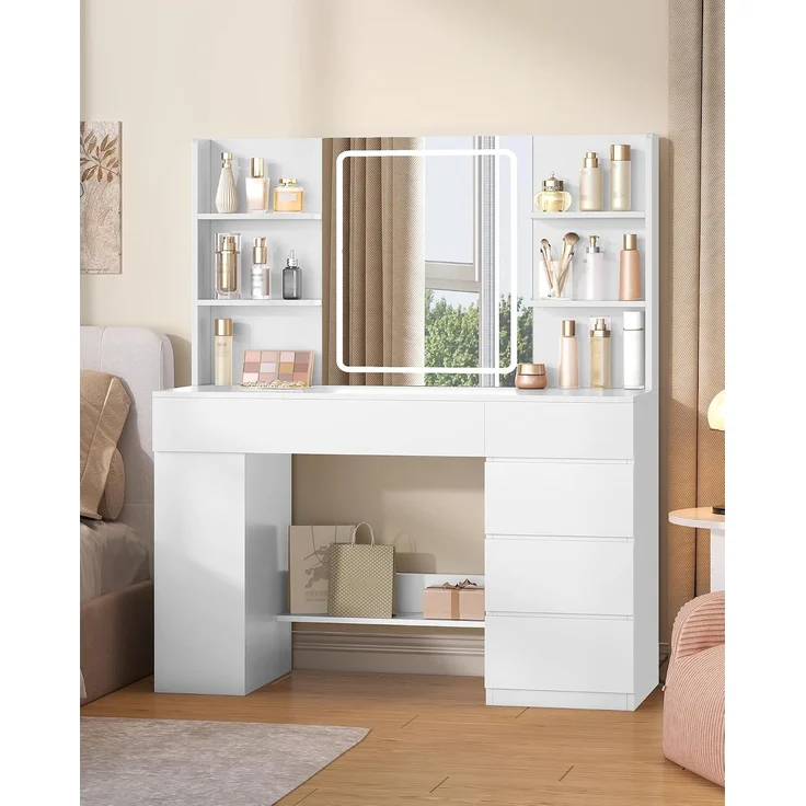 Hzuaneri Schminktisch mit HD-Spiegel und LED-Beleuchtung, 5 Schubladen, 6 Offenen Fächern, Seitlichen Ablagefächern, Modern, Weiß, 140,5 x 40 x 108 cm – Bild 3