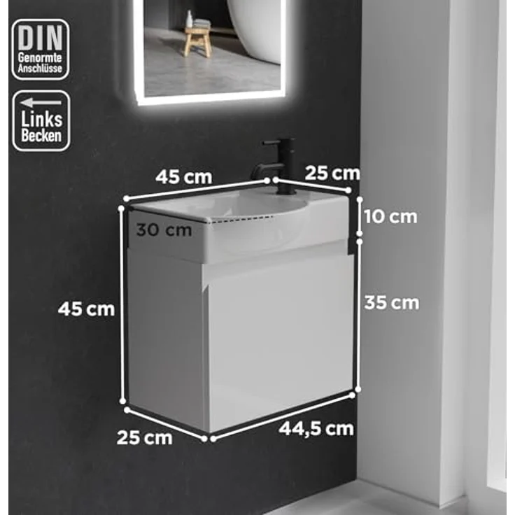 Alpenberger Badmöbel-Set - Gäste WC Waschbecken mit Unterschrank 45 cm Breit, (Badschrank 2-tlg, Waschtisch hängend), Waschbeckenunterschrank mit Softclose - Weiss - Links Becken – Bild 7